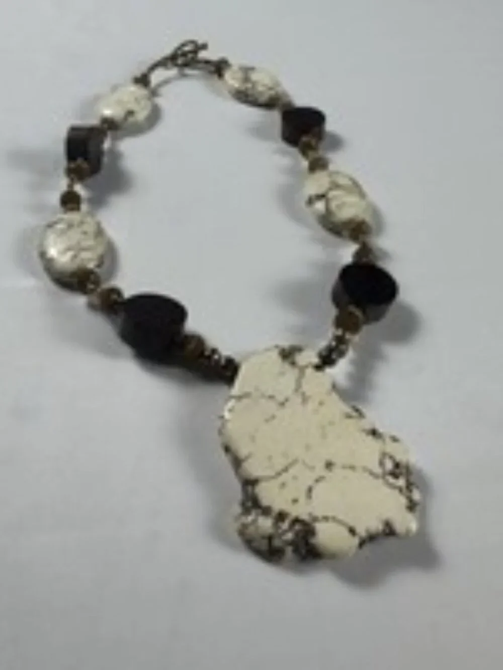 Vintage Boho White Howlite Stone Wood Slab Pendant Necklace Choker Toggle